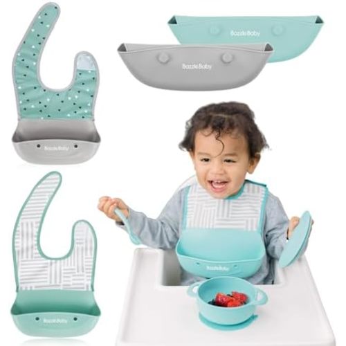 Bazzle Baby Silicone Bibs with Food Catcher - Rolls Up and Button closed for easy travel and storage Waterproof 2-Pk