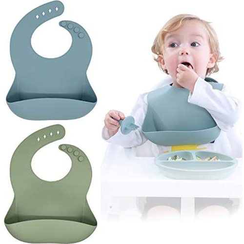 Moonkie Silicone Baby Bibs Set Of 2, BPA Free Waterproof Soft Durable Adjustable Silicone Bibs for Babies & Toddlers (Ether/Sage)