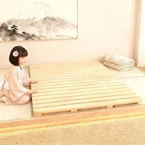 Japanese Floor Low Profile Platform Bed Frame, Knot-Free Wood Slatted Tatami Mattress Pallet Mat, Minimalist Zen Style to Ground No Legs Foldable Roll Portable