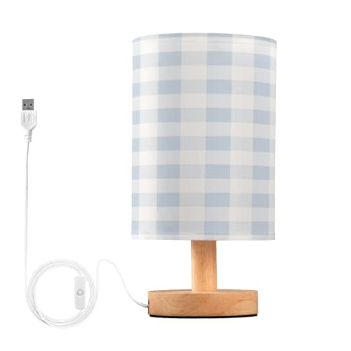 Kigai Blue Gingham Table Lamp for Bedroom LED Bedside Lamp for Nightstand Gingham Lamp Shade Nursery Light with USB Ports for Desk Living Room, Dorm, Home, Office