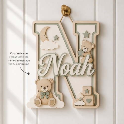 Name Sign Personalized Teddy Bear Initial Wooden Wall Decor Nursery
