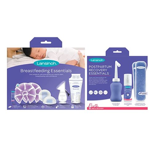 Lansinoh Breastfeeding Essentials and Postpartum Recovery Bundle, Includes Nipple Cream, Nursing Pads, Silicone Breast Pump, Breastmilk Storage Bags, Peri Bottle, Hot & Cold Postpartum Packs, and More - Essential Set & Postpartum Recovery Bundle