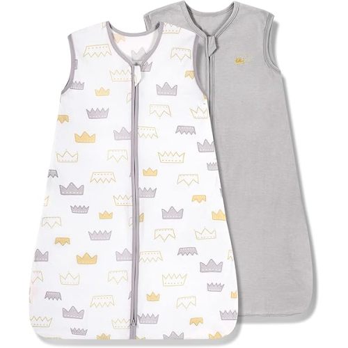 TILLYOU 2 Pack Baby Sleep Sack 6-12 Months 100% Cotton Wearable Blanket 0.5 TOG Sleeveless Summer Sleep Sacks with 2-Way Zipper, Gray Crown