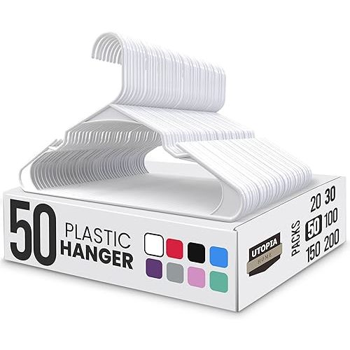 Utopia Home - Plastic Hangers 50 Pack - Space Saving Clothes Hanger - Durable and Strong Closet Organizers and Storage Makes It Ideal Stocking Stuffers or Apartment or Dorm Room Essentials (White)