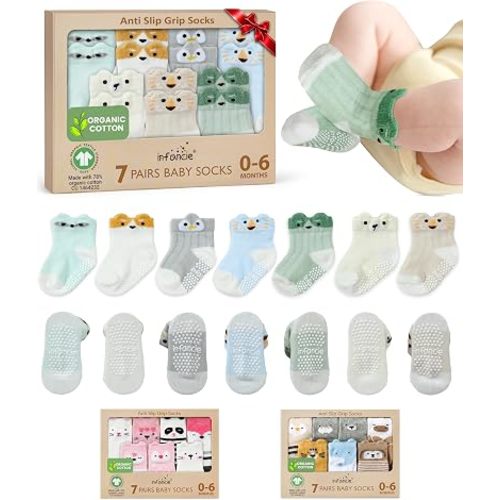 GOTS Organic Cotton Blend 7 Baby Socks 0-6 Months Animal Design Non Slip