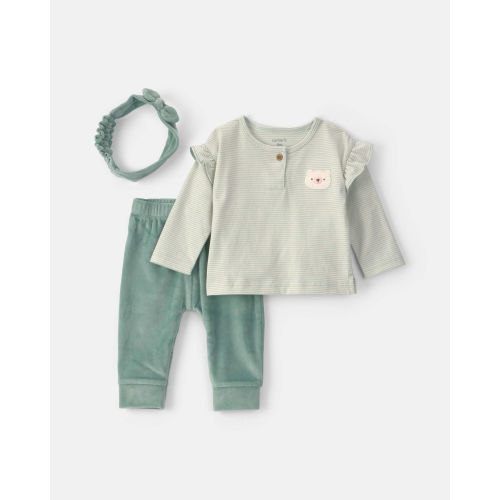 Baby Girl 3-Piece Bear Long-Sleeve Top & Pant Set - Green