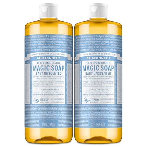 Dr. Bronner's Magic Soap-Pure-Castile Liquid Soap (Baby Unscented, 32 ounce, 2-Pack)-Regenerative Organic Certified Oils, 18-in-1 Uses: Body, Laundry & Dishes, For Sensitive Skin, No Fragrance