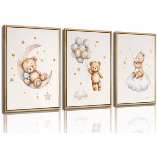 3Pcs Teddy Bear Nursery Wall Art Bear Sleeping on The Moon and Stars Wall Decor Pictures Balloon Cloud Neutral Canvas Poster Prints for Kids Baby Room Kindergarten Home Decoration 12x16in Unframed
