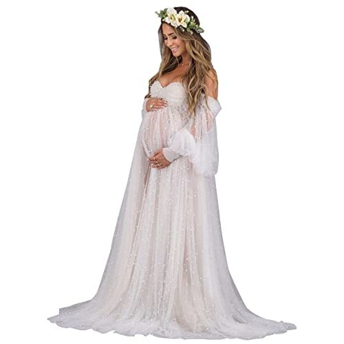 Pearl Tulle Maternity Dresses for Photoshoot Long Puffy Sleeve Off Shoulder Baby Shower Dress Pregnancy Gowns
