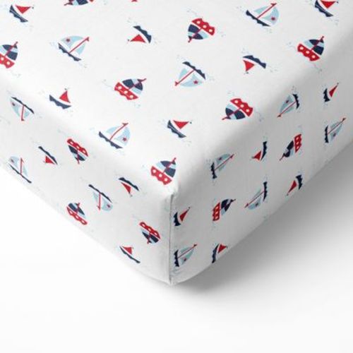Bacati - Little Sailor Boats Boys Muslin 100 percent Cotton Universal Baby US Standard Crib or Toddler Bed Fitted Sheet