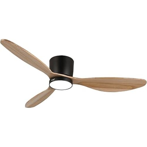 reiga 52" Natural Wood Ceiling Fan with Light and Remote, 3 Blade Flush Mount Low Profile Ceiling Fan for Bedrooom Living Room, Quiet DC Motor