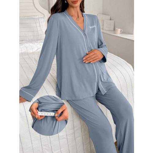 Moonlight&Mama Maternity Contrast Trim V-Neck Letter Embroidery Long Sleeve Top & Pants Lounge Set Sleepwear Pajama Set Sleepwear Women 2 Pieces Set, Fall & Winter