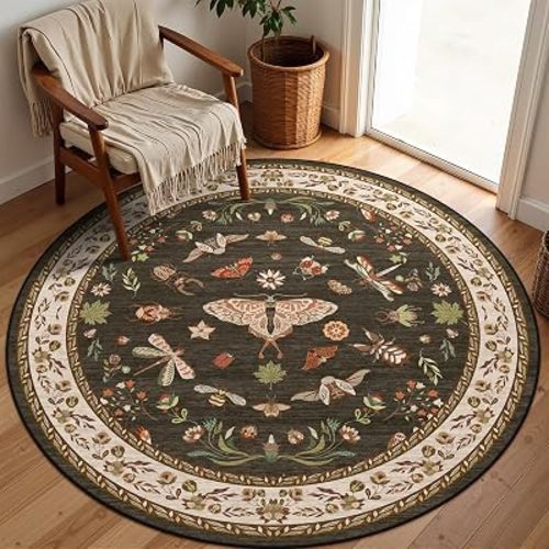 Insect Washable Round Area Rug, Soft Brown Round Rugs 4ft Ultra-Thin Non-Slip, Boho Large Circle Carpet for Bedroom Living Room Kitchen Nursery, Nature Insect Fantasy Whimsical Indoor Decor