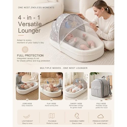 Portable Newborn Nest Lounger with Canopy & Mosquito Net-Lightweight Foldable Newborn Play Support & pad and Washable Cover, Indoor-Outdoor Use (Grey)