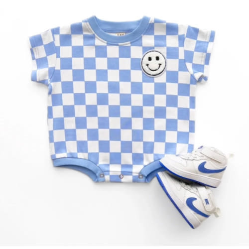 Short Sleeve Bubble Romper | Checkered Smiley Blue