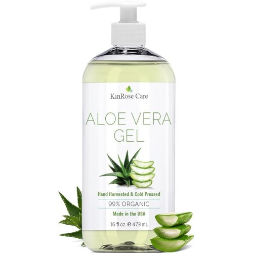 KinRose Care, 16oz Aloe Vera Gel for Face, Skin, Hair & Sunburn Relief - From Pure Organic Aloe Vera - Cold Pressed, Vegan, Unscented - Made in USA.
