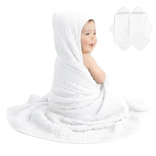 david's kids 2 Pack Hooded Baby Towels, 100% Muslin Cotton 6-Layer Ultra Soft Breathable Absorbent Baby Bath Towels for Infant and Toddler, Newborn Essentials, Large 32x32Inch, White