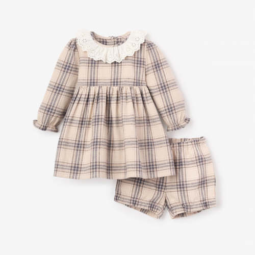 Neutral Plaid Eyelet Collared Dress + Bloomer GRAY / 3-6M