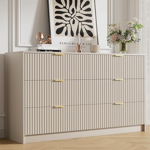 Furniway Beige Dresser for Bedroom, Modern Dresser with 6 Drawers and Smooth Slides, Wide Chest of Drawers with Golden Handles for Bedroom, Living Room, Closet, 15.7" D x 55.1" W x 31.4" H