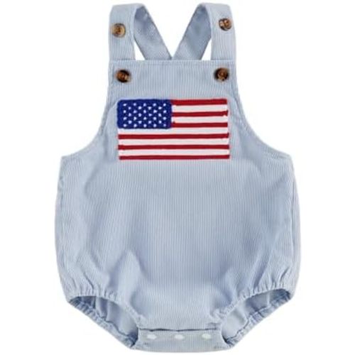 Baby Boy Girl 4th of July Outfit Sleeveless Corduroy Overalls American Flag Romper Bodysuit Infant Patriotic Clothes