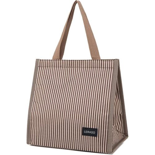 Insulated Lunch Bag for Work, 10.2"x5.9"x10.2" Oxford Waterproof Lunch Tote, Thermal Lunch Box for Office, Picnic & Outdoor, Pink and White Striped Canvas Tote Bag