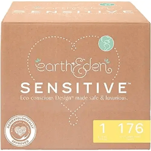 Earth & Eden Sensitive Baby Diapers, Size 1 (176 Count) - Eco-Conscious & Hypoallergenic Diapers - No Harsh Chemicals - Comfortable and Gentle on Skin - Dermatologically Approved