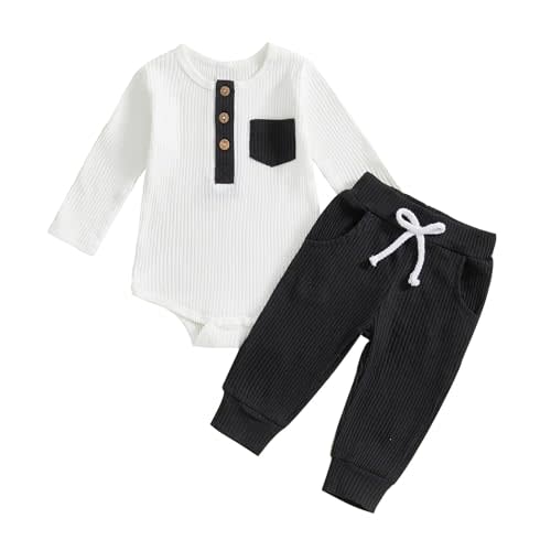 fhutpw Baby Boy Clothes 3 6 12 18 Months Ribbed Knitted Long Sleeve Romper and Pants Sets Newborn Fall Splicing Color Outfits
