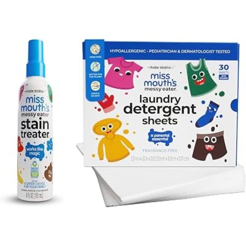 Miss Mouth's Messy Eater Stain Treater Laundry Kit - 4oz Spray & Detergent Sheets (60-Pack) - Hypoallergenic Wash Day Bundle for Baby Clothes & Sensitive Skin