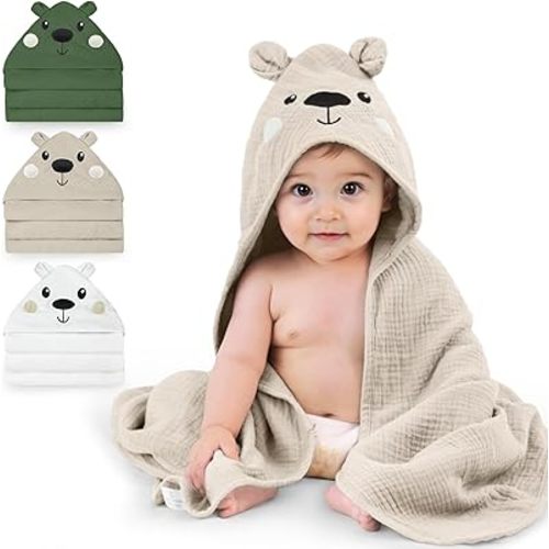 FIOBEE Hooded Baby Towels 100% Muslin Baby Bath Towels for Newborn with Animal Design Ultra-Soft and Absorbent Bath Essentials for Toddler, Unisex Girls Boys 30 x 30 inch, Light Coffee Bear