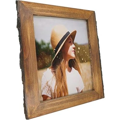 8x10 Picture Frames with Bark Edges, Rustic Wood Photo Frame for Tabletop or Wall Display, Natural Brown.