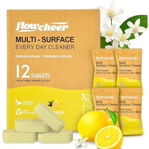 Flowcheer All Purpose Cleaner Concentrate Refills, Multi Surface Clean Refill,No Toxic Cleaning Tablets(12Pack)-Makes 192 fl oz(12x16Fl oz)Bottles of Spray Cleaner for Household&Kitchen Cleaning-Lemon