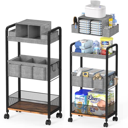 2In1 Baby Diaper Caddy & 3-Tier Rolling Diaper Cart, Caddy Organizer Cart with Dividers, Mobile Metal Bedside Carts for Baby Essentials, Rolling Carts for Newborn Nursery with Wheels, Large Capacity