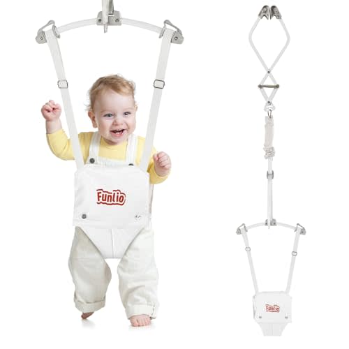 FUNLIO Baby Door Jumper for 6-24 Months (with Door Clamp), Bearing 40 Lbs, Baby Jumper Doorway with Strong Spring & Adjustable Strap, Portable Infant Baby Bouncer, CPC & CE Certified - White