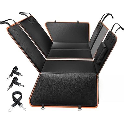 6-in-1 Leather Dog BackSeat Extender, Hard Bottom 40/60 Split Waterproof Car Back/Front Seat Cover, Rear Hammock Carseat Protector, Large Size Pet Mat for SUV/Truck/Cargo, Vehicle Bed Travel Accessory