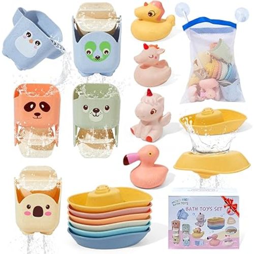 Mold Free Bath Toys, 15PCS | Safe Fun & Easy Clean Floating Boats & Rotating Waterfall Cups & Sealed with No Holes Floating Tub Toy and Mesh Bag for Babies 18+ Months | Bathtub Pool Water Toddler Toys
