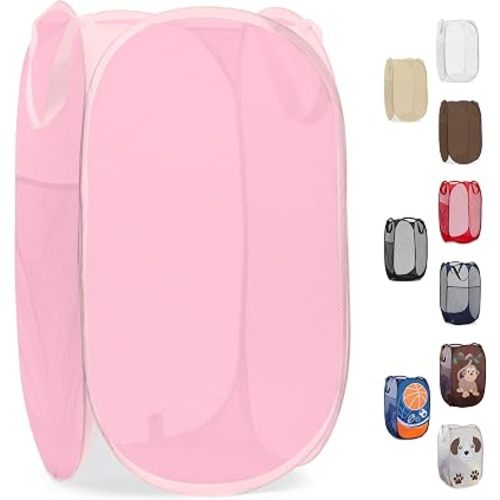 Handy Laundry Collapsible Mesh Pop Up Laundry Hamper with Side Pocket, Breathable & Space-Saving Foldable Basket for Clothes, Toys, Travel, Storage, 14 x 13 x 24 in, Pink