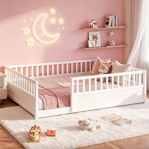 Bellemave Queen Size Kids Montessori Floor Bed,Solid Wood Floor Bed Frame with High Fence and Door for Kids,Girls,Boys,White