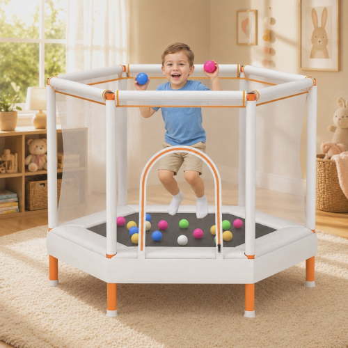 55" Kids Trampoline with Safety Net, SHINPT Small Trampoline for Kids with No Gap Design, Indoor Trampoline for Kids Room, Livingroom, Mini Trampoline for Kids 3-8, Best Gift with Ocean Balls