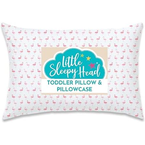 Little Sleepy Head Toddler Pillow with Pillowcase 13x18 - Kids Pillow for Sleeping - Better Neck Support Ergonomic Pillow and Toddler Pillowcase - Best Pillows for Kids (Flamingo Flock)