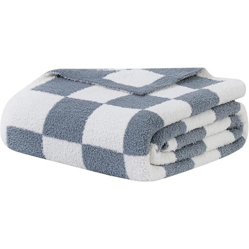 bearberry Fuzzy Checkerboard Grid Throw Blanket Knitted Soft Cozy Warm Microfiber Blanket Decor for Couch Sofa Bed Travel Home (Charcoal Grey, 50''x60'')