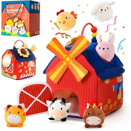 Baby Toys 6-12 Months - Surprise Barn Stuffed Farm Animals, Rattle, Crinkle, Mirror - Montessori Sensory Toys for 6 7 8 9 10 12 Month Old Babies, 1 Year Old Baby Boy Girl Gifts (Mixed Color)