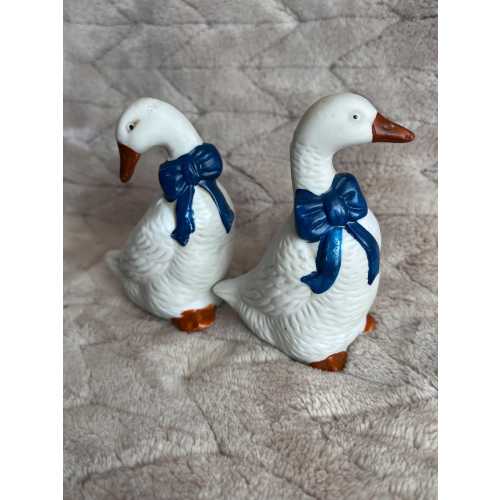 Vintage Ceramic Goose Figurines Blue Bow Cottage Farmhouse Decor