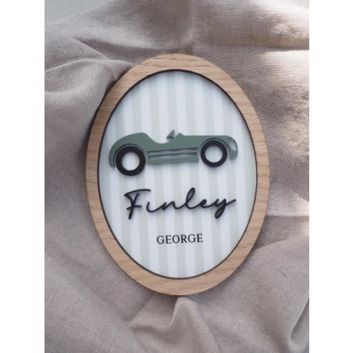 Baby announcement, Baby plaque, Baby name, Nursery Decor, Vintage car, Race car Whimsical nursery, Baby gift, New parents, Baby Keepsake,