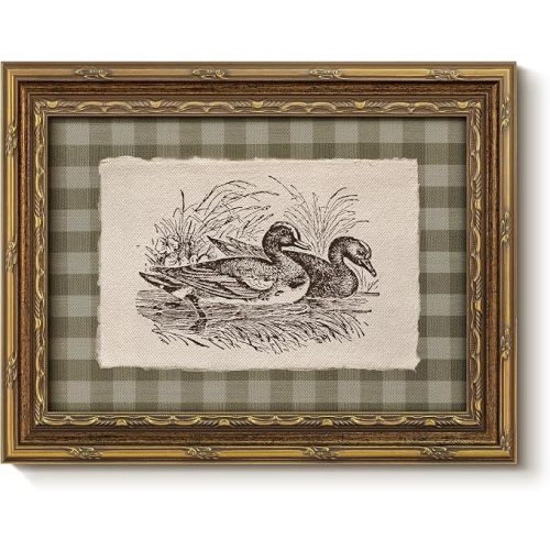 InSimSea Vintage Mallard Ducks Wall Art, Animal Sketch Canvas Print, 8x10 | Gold Framed Artwork for Walls, Duck Landscape Painting Picture, Rustic Farmhouse Decor for Living Room Bedroom Nursery