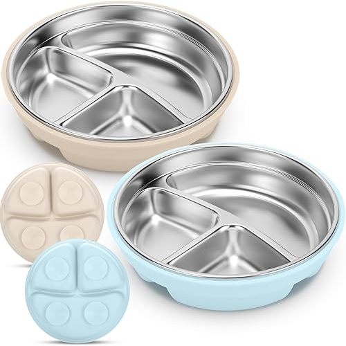 Nuogo 2 Pcs Stainless Steel Baby Suction Plates with Removable Silicone Shell 2-in-1 Metal Toddler Bowl Divided for Picky Eaters Kids Feeding Led Weaning Supplies, Dishwasher Safe (Beige,Blue)