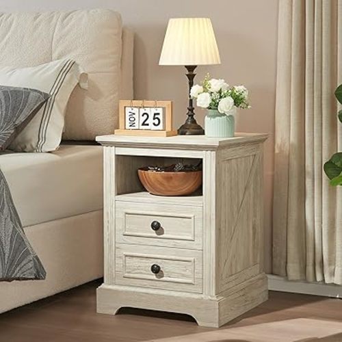 QUW Nightstand with Charging Station, Side Table with 2 Drawers and Open Storage, 18" Retro Bedside Table, End Table for Bedroom, Living Room, Washed Gray