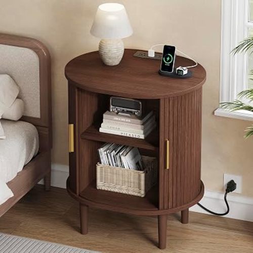 DHH Mid Century Modern Nightstand with Charging Station, Fluted Accent Side Table with Sliding Door & Adjustable Shelf, End Table for Small Space, Living Room, Bedroom,Sofa Couch (1, Walnut)