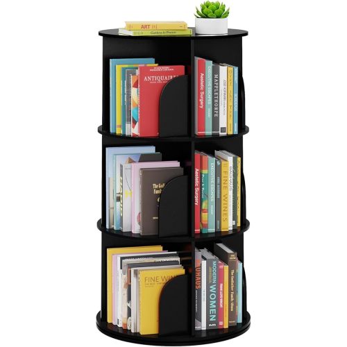 SpaceAid 3 Tier Rotating Bookshelf Tower, Spinning Bookcase Lazy Susan, Revolving 360 Book Shelf Storage Round Carousel, Vertical Rotate Turning Spiral Corner Organizer, Black
