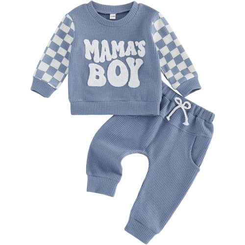 FOCUSNORM Toddler Baby Boy Fall Clothes Waffle Winter Outfits Letter Checkerboard Long Sleeve Sweatshirt and Pants 2 Pcs Sets