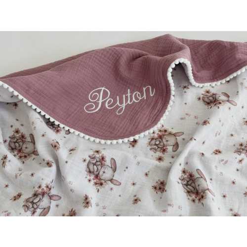Super Soft Organic Muslin Baby Blanket – Embroidered Name Muslin Blanket, Eucalyptus Design, Stroller Blanket, Lightweight Summer Blanket